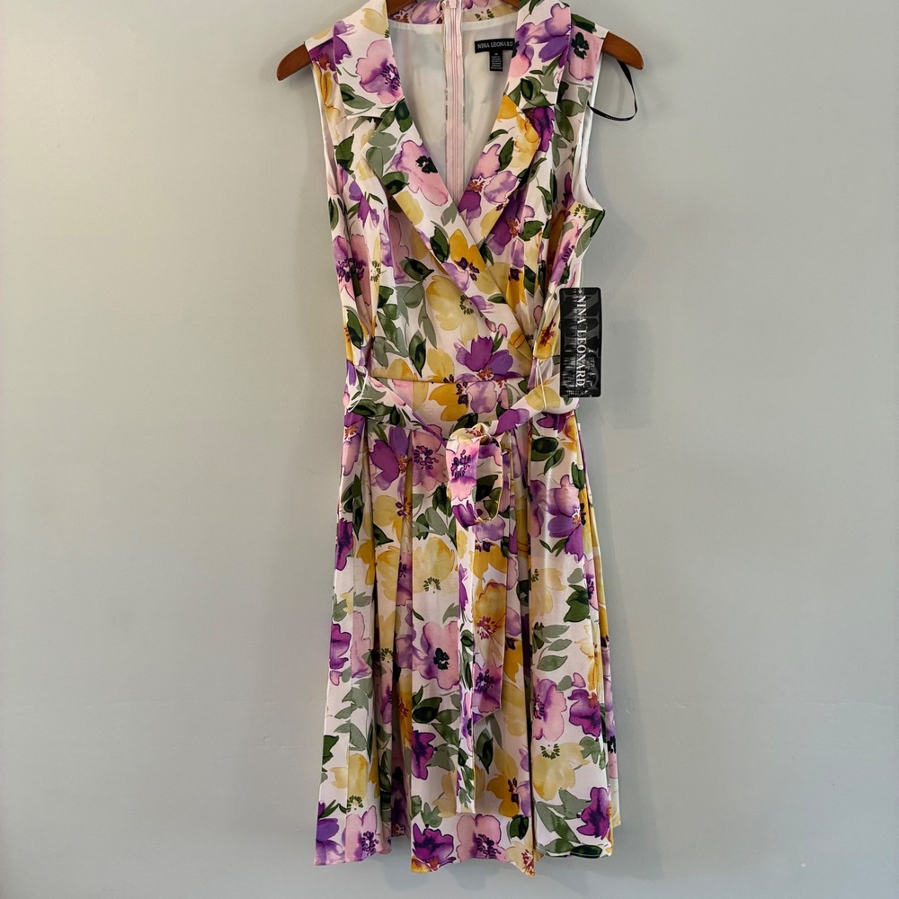 Nina Leonard Floral Dress Wom 14 Sleeveless Midi Belted Wedding Brunch Summer